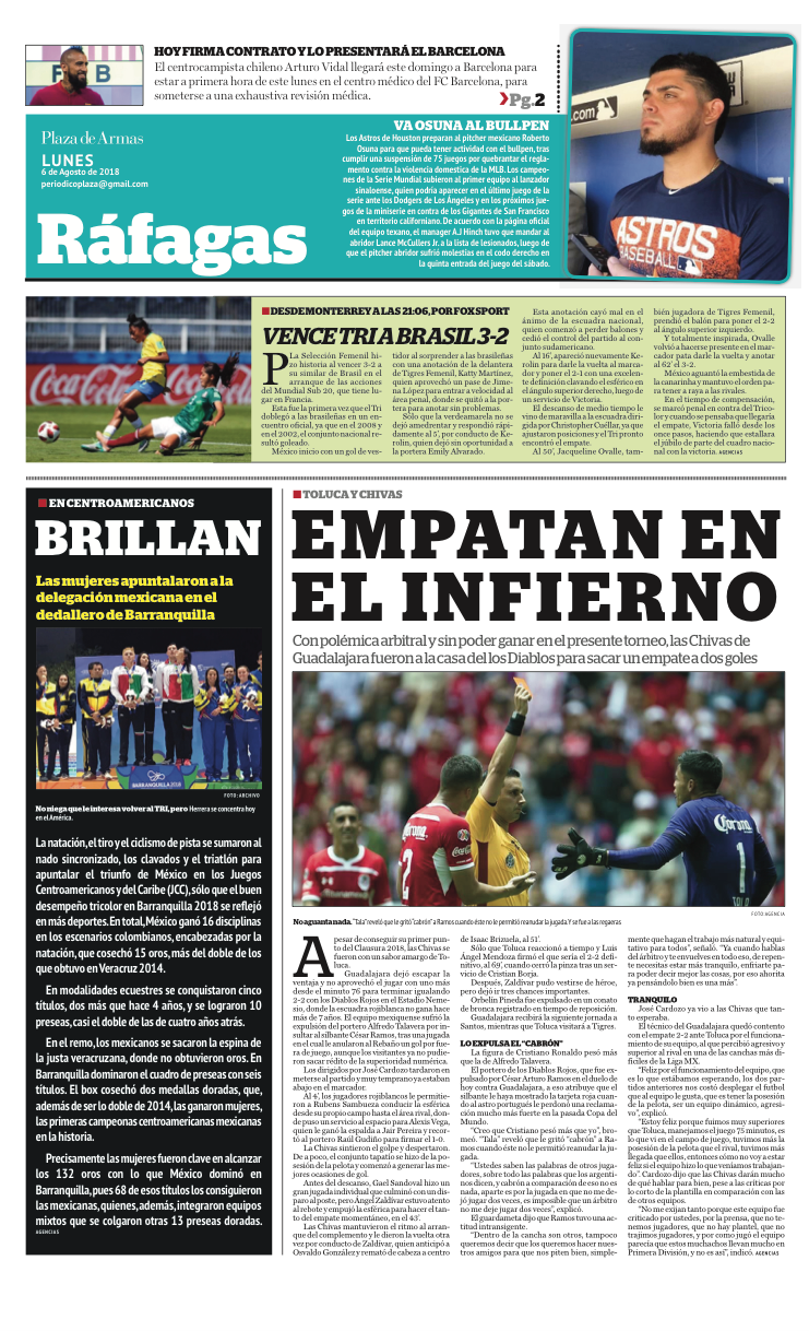 Portadas de nuestra edición de hoy Lunes 06 de Agosto de 2018