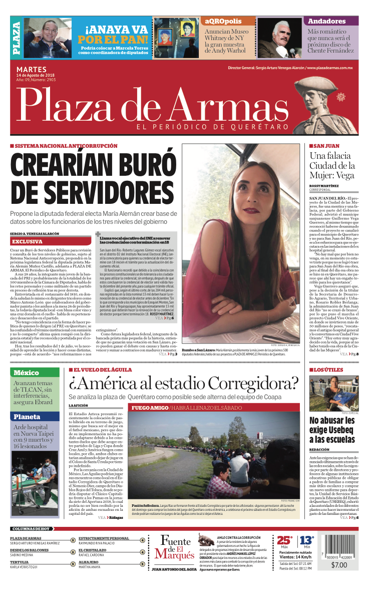 Portada Martes 14 de Agosto de 2018