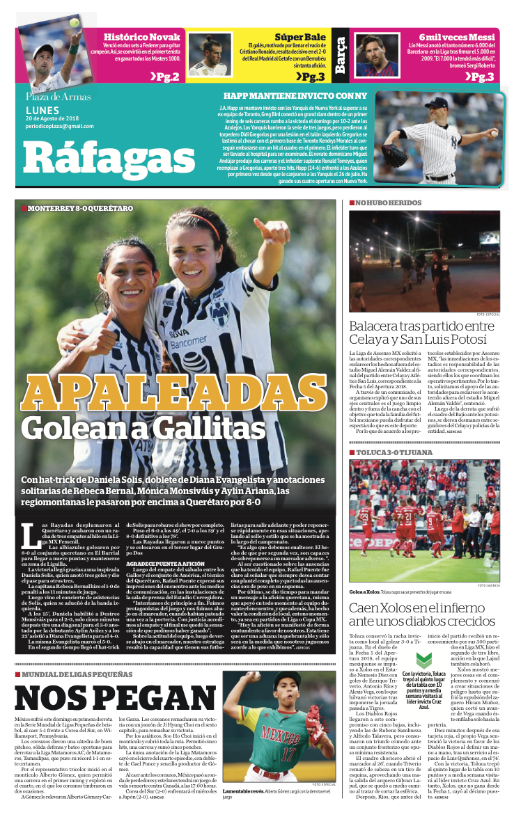 Portadas de nuestra edición de hoy Lunes 20 de Agosto de 2018