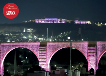 Los Arcos y el Centro de Congresos, iluminados de rosa,