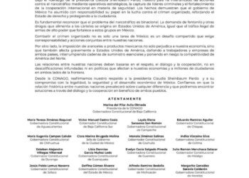 Respalda Conago respuesta de Sheinbaum a medidas de Estados Unidos