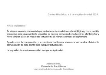 Escuela de Bachilleres UAQ suspende clases presenciales este viernes, por pronóstico de lluvias
