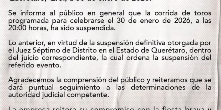 Suspenden corrida de toros programada para este 30 de enero en Juriquilla