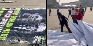 Retiran lona contra Rocha y Sheinbaum en el Zócalo