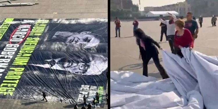 Retiran lona contra Rocha y Sheinbaum en el Zócalo