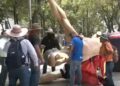 Maestros de la CNTE vandalizan figuras alusivas del Mundial 2026